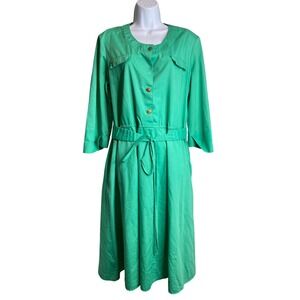 Vintage Paul Alfred LTD Green Midi Dress‎ Sz 16 Belted Pockets Career Secretary